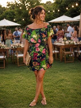 IRIS Navy Tropical Floral Off-Shoulder Rayon Dress Sz S Boho Feminine Fun Flowy